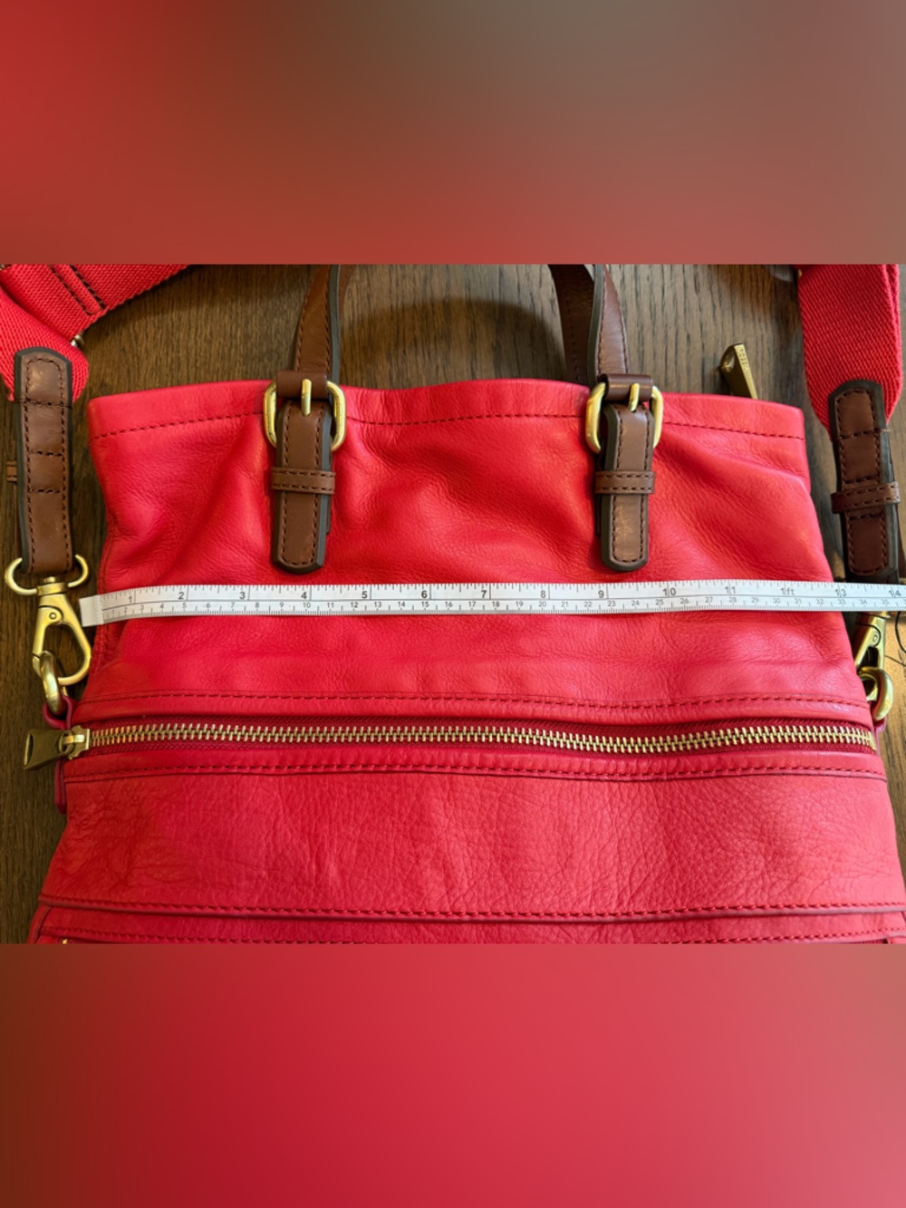 NWT Fossil Red Leather Explorer Fold Over Convertible Shoulder Tote w Brown Trim - Picture 4 of 13
